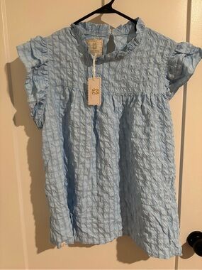 Simply Southern Light Blue Ruffle Sleeve Seersucker Top